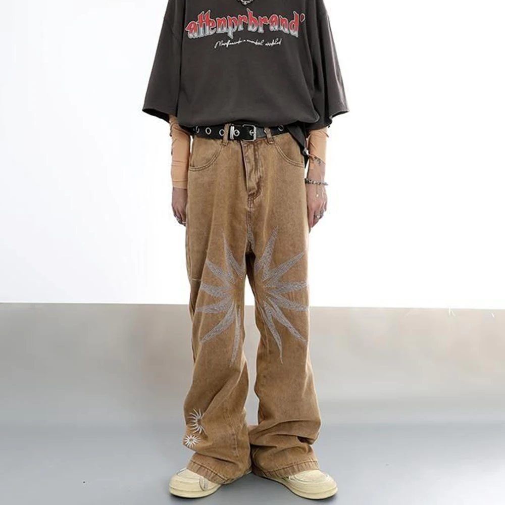 Men Street Hiphop Y2K Embroidery Stars Jeans Straight Loose Fit Pants Fashion Baggy Jeans Denim Oversize Trousers