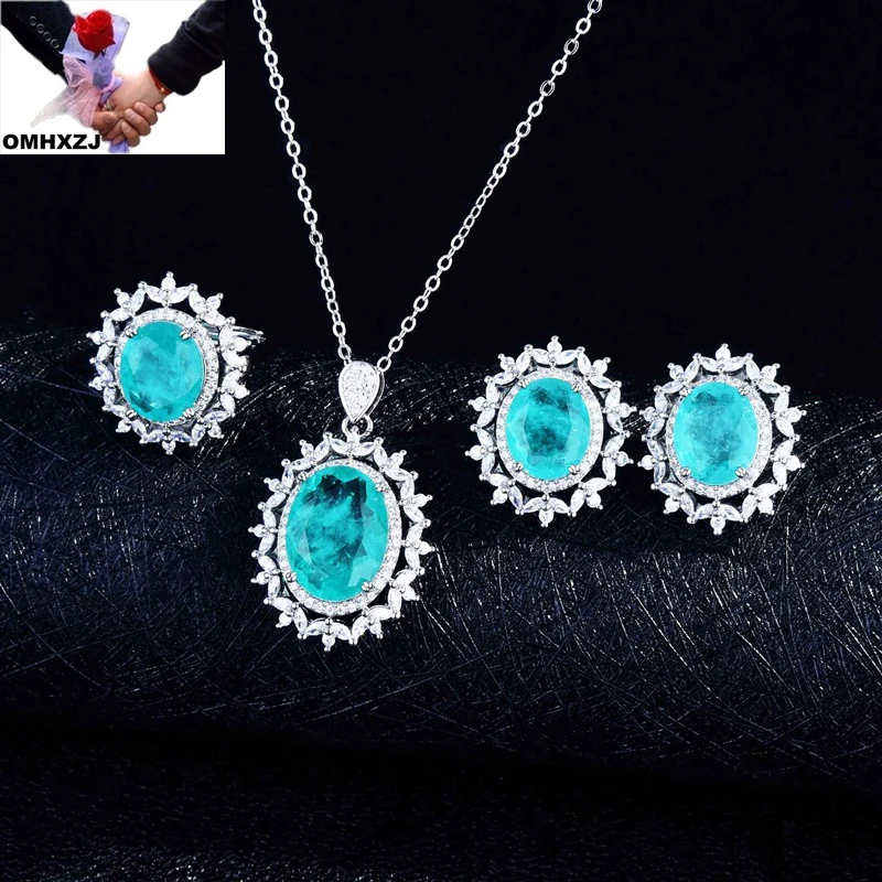 

OMHXZJ Wholesale JE265 European Fashion Woman Party Birthday Wedding Gift Oval 18KT White Gold Earrings+Ring+Necklace JewelrySet