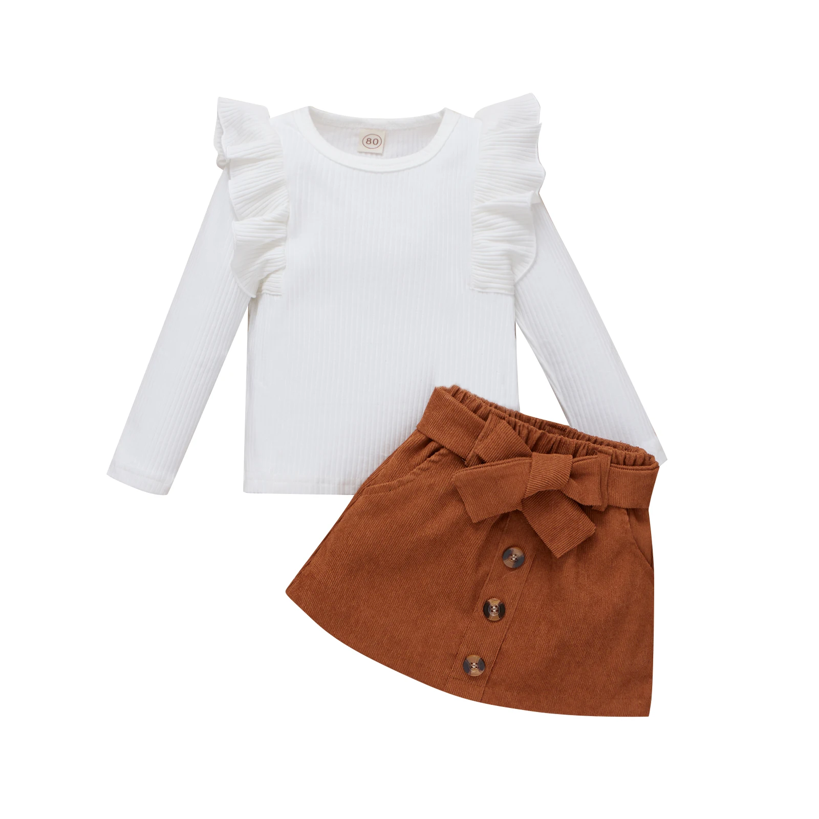 

Kids Ribbed Tops Set, Fungus Edge Long Sleeve Solid Color Tops Bowknot Elastic Waist Buttoned Thigh Long Skirt