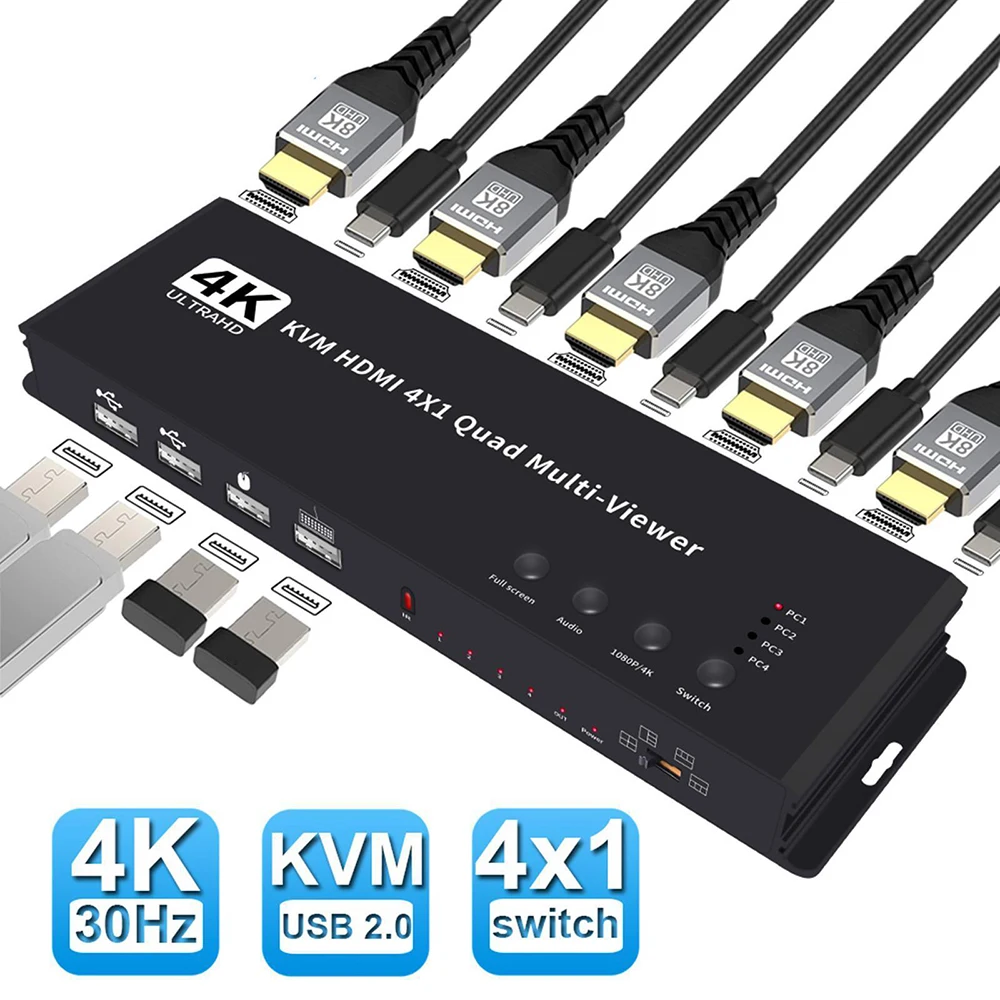 

4K Ports HDMI KVM Switch 4x1 Quad Multi Viewer 4 in 1 Out KVM HDMI Processor Screen Divider Switcher for 4 PC Share Mouse