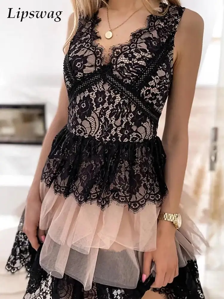 

Sexy V Neck Backless Vest Mini Dress Fashion Mesh Lace Slim Party Cake Dress Women Elegant Sleeveless Off Shoulder Ruffle Dress