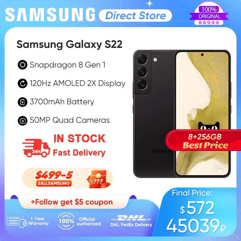  Samsung Galaxy S22 5G Smartphone Qualcomm SM8450 Snapdragon 8 Gen 1 Android 12 120Hz AMOLED 2X Display 25W Fast Charge Cellphone 