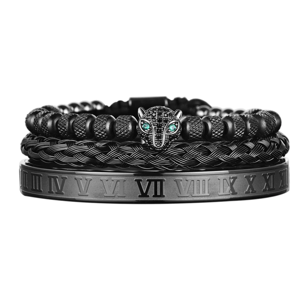 3pcs/set Classical Handmade Braiding Bracelet  Hip Hop Men Pave CZ Leopard Head Roman Numeral Bracelet Stainless Steel Jewelry