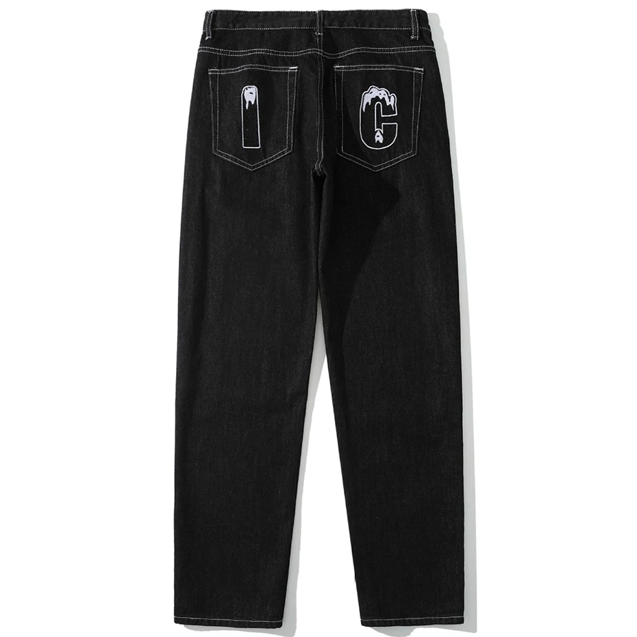 Dog Print Jeans Men Fashion Streetwear Harajuku Denim Pants Black Blue Casual Loose Straight Jeans for Man