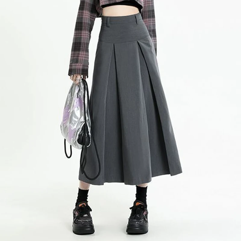 Grey high waisted pleated mid length skirt for women  spring, new slimming Korean suit, A-line skirt loose fitting