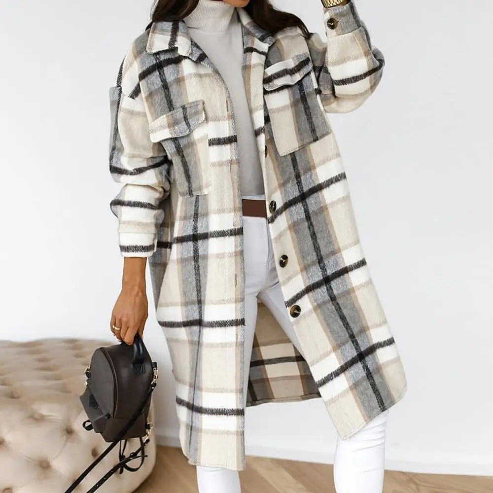 

Women Autumn Winter Plaid Buttons Long Sleeve Lapel Jacket Knee-length Overcoat Single-Breasted All-match Long Shirt Coat тренч