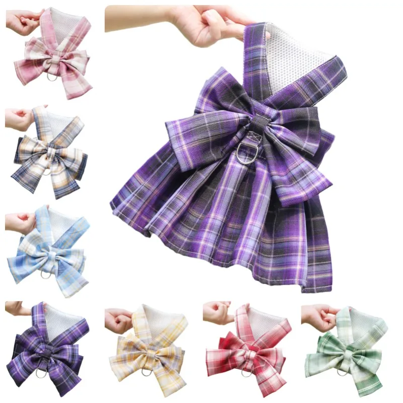 

Fashion Pet Dog Harness Dress for Samll Medium Dogs Cute Bow Cat Plaid Dress Soft Puppy Harness Pet Chihuahua Dog Accessories
