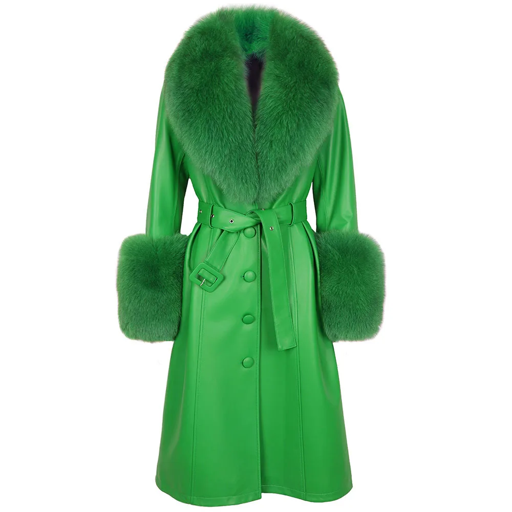 

Женский Длинный тренчкот YOLOAgain из натуральной кожи с воротником из натурального Лисьего меха