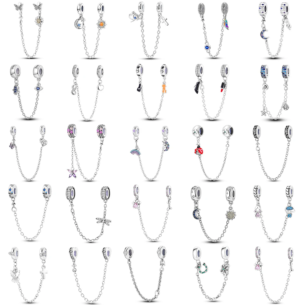 

925 Sterling Silver Moon Flower Butterfly Evil Eye Safety Chains Spacer Beads Charms Fit Pandora Original Bracelets DIY Jewelry