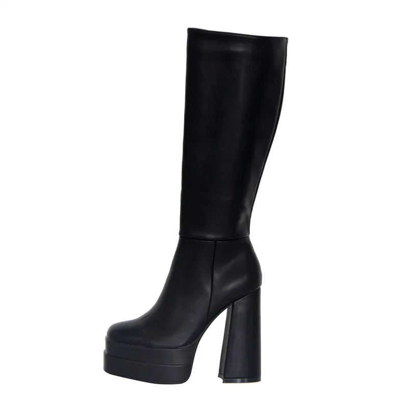 

Punk Style Women's Knee High Boots Square Toe Chunky Heels Platform Boots Designer Shoes Concise Long Boots Women Demonia Boots