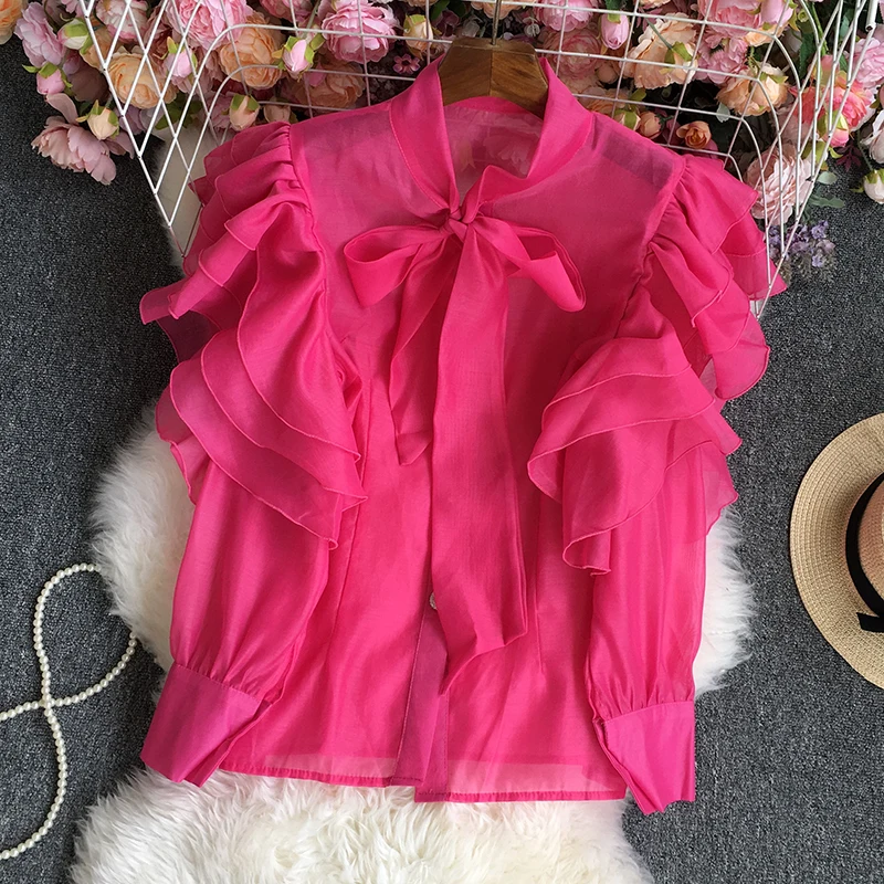 

VANOVICH Осенние новые корейские стильные однотонные повседневные рубашки женские модные темпераментные однобортные шифоновые рубашки с обор...