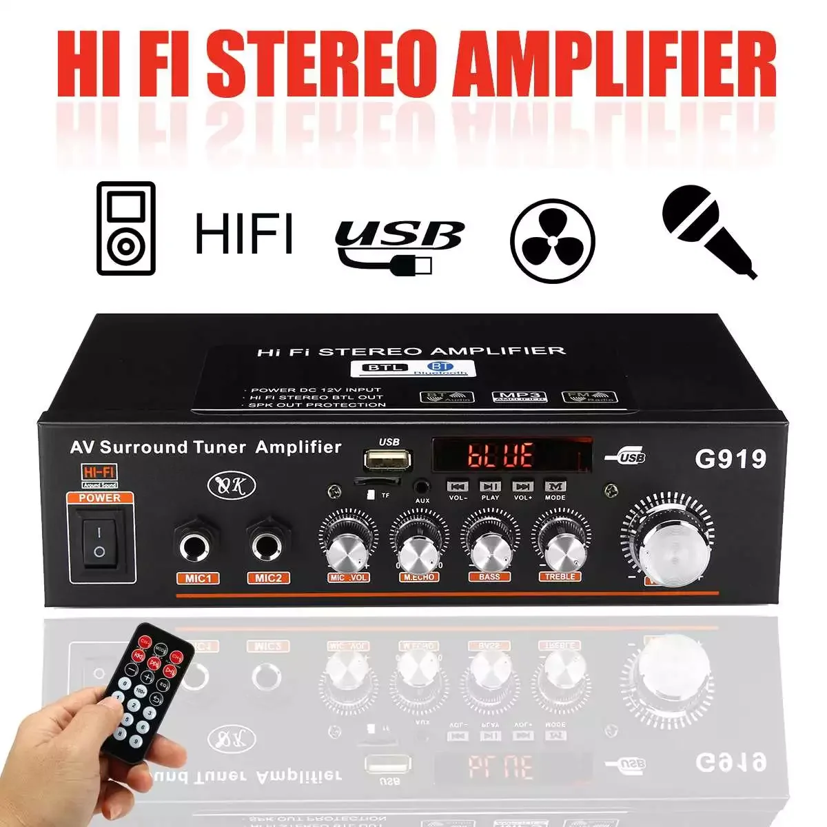 

HIFI bluetooth Power Amplifier Car/Home Theater Digital Power Audio Amplificador for Speaker Treble Bass Control FM USB SD