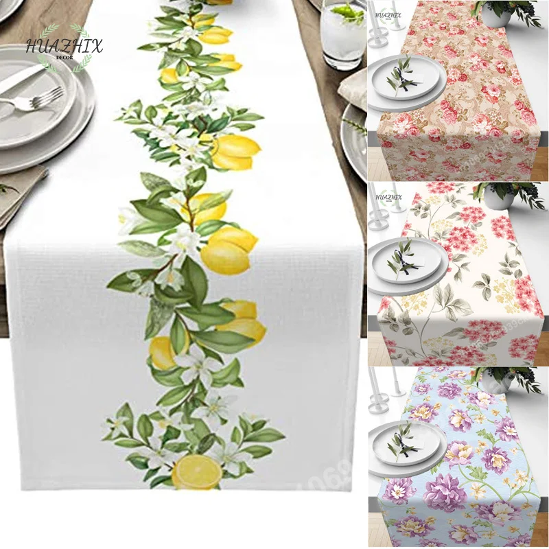 

Summer Lemon Leaves Linen Table Runners Home Party Flower Decor Reusable Farmhouse Tableflag Dining Tables Wedding Decorations