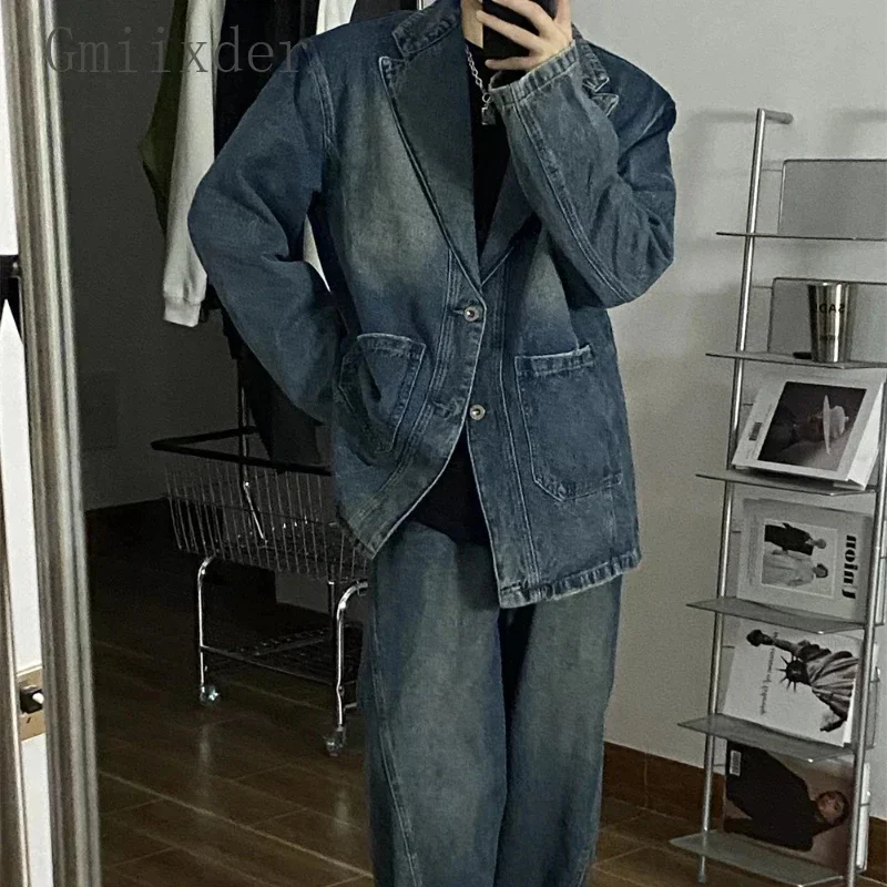 

Высококачественный потертый джинсовый костюм, мужская Свободная Повседневная винтажная куртка в Корейском стиле на пуговицах, простая ретро-куртка и джинсы