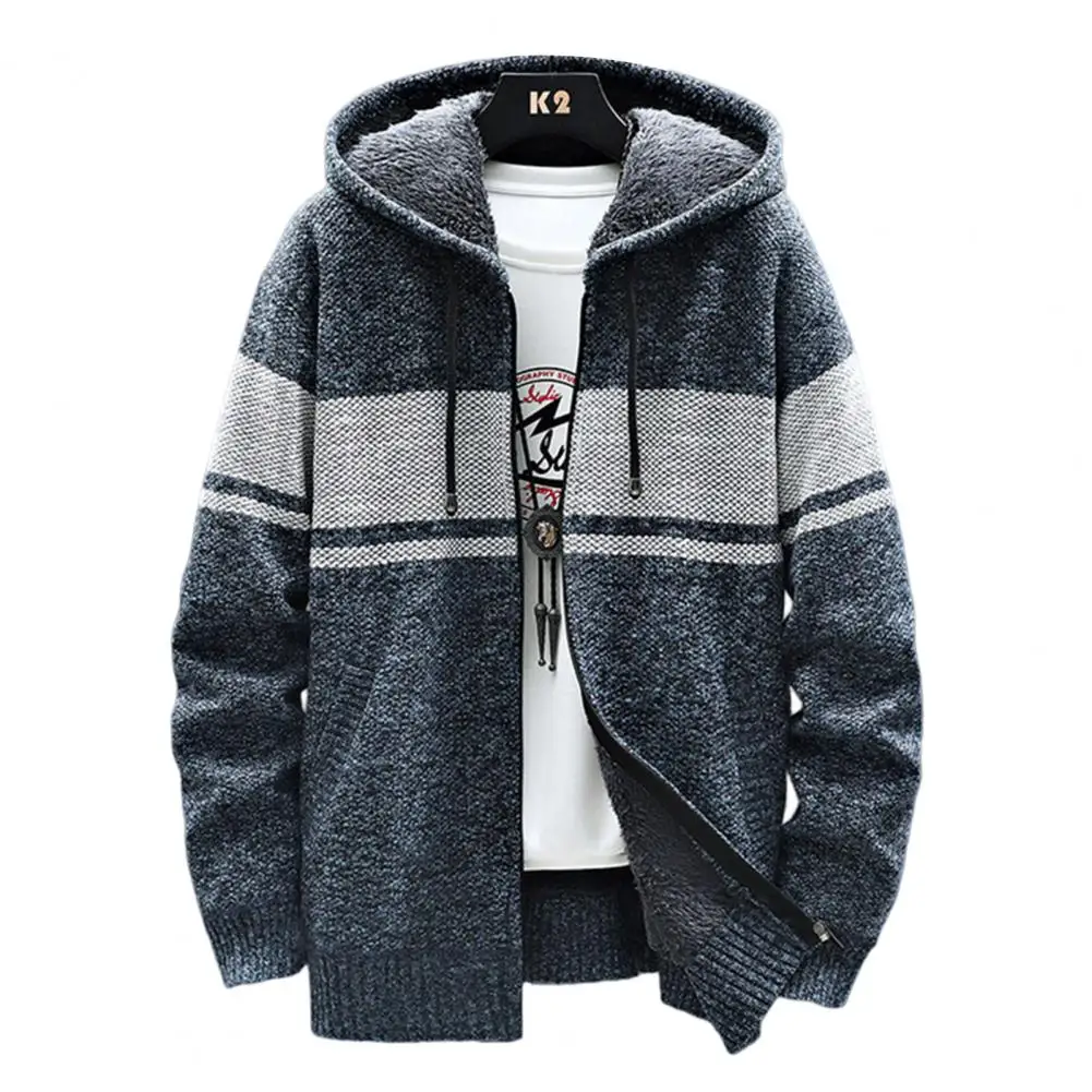 

Popular Men Jacket Hood Temprament Knitted Coat Plush Ribbed Bottom Jacket
