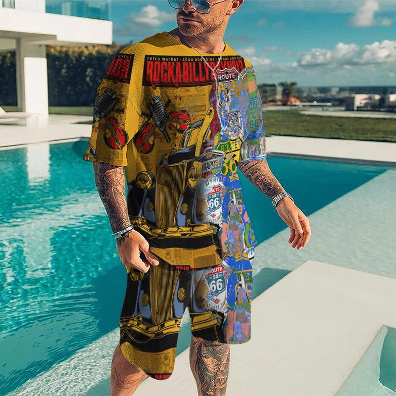 Summer men's casual street beach shorts set 3D printing color sports home round neck street short sleeve two-piece set