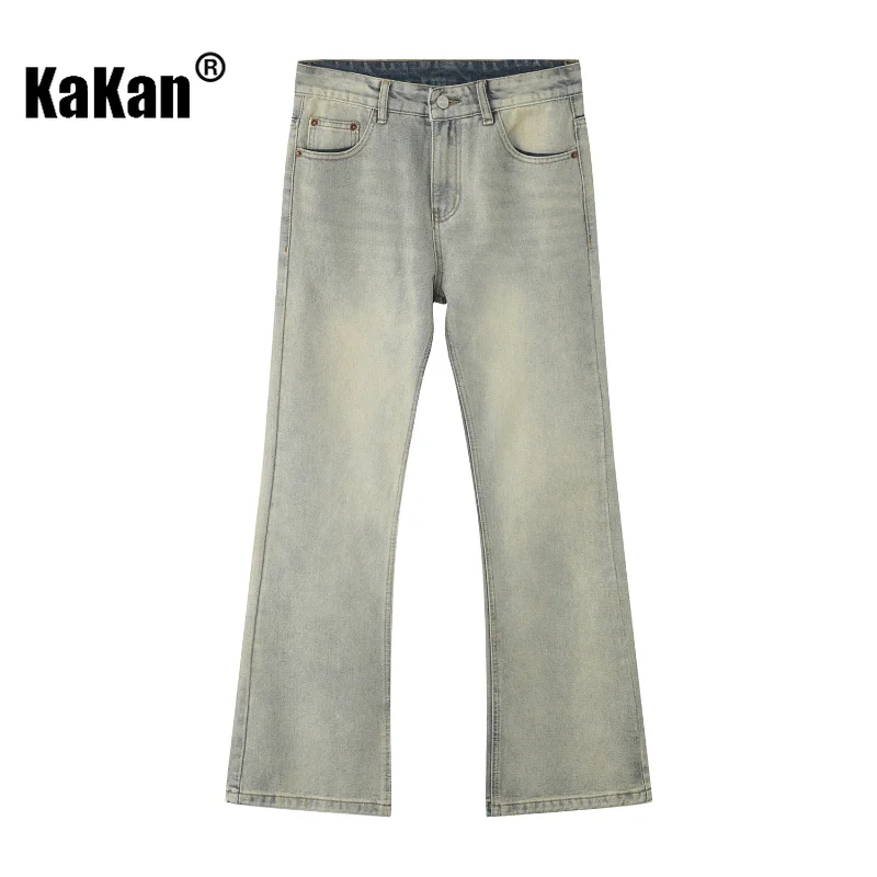 Kakan - Korean Version of New Vintage Loose Fitting Jeans, Distressed Ground White Slightly Flared Straight Length Jeans K50-930