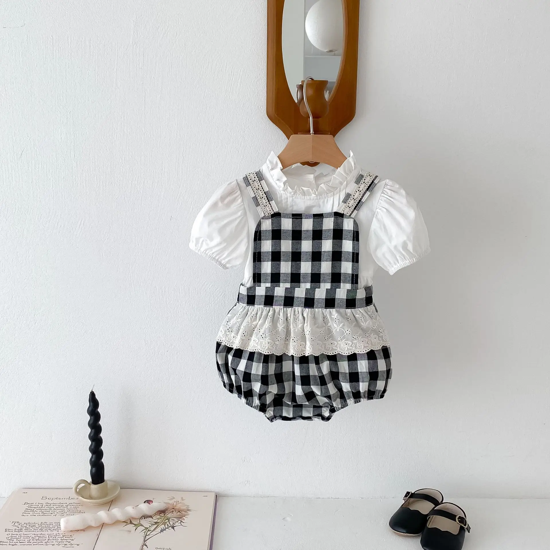 Летний Клетчатый Кружевной Боди Для Маленьких Девочек Рубашка-колье Муслиновый