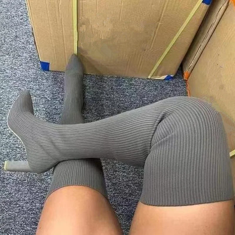 

Новинка, сапоги-носки из эластичной ткани, женская черная обувь на высоком каблуке, Элегантные вязаные эластичные длинные сапоги выше колена с острым носком