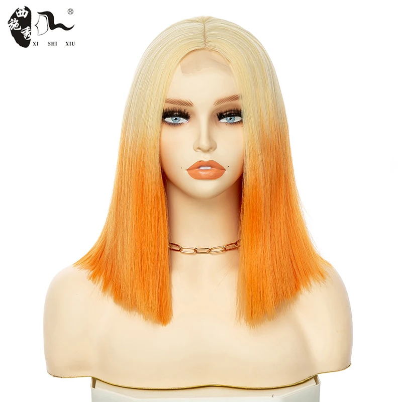 

XISHIXIU Synthetic Short Straight Black Bob Wigs For Lolita Women Middle Part Ombre Blonde Pink Red Natural Hair Cosplay Party