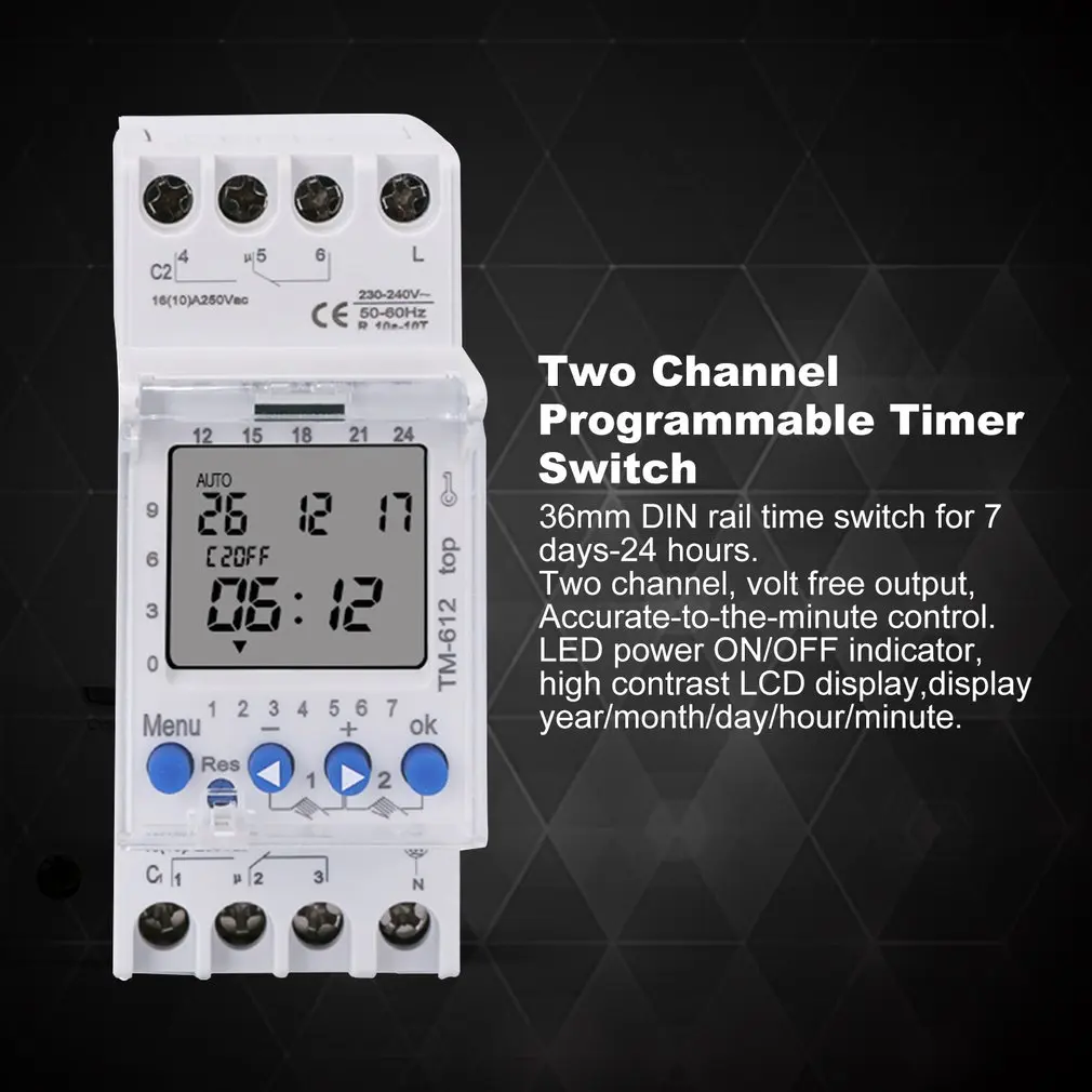 

SINOTIMER 220V TM612 Two Channel Timer 7 Days 24Hours Programmable Electronic LCD Digital Time Switch with Two Relay Outputs