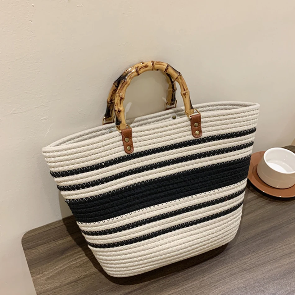 

Fashion Bamboo Handle Women Straw Bags Casual Tote Luxury Beach Shoulder Bag Designer Weave Handbags and Purse New Trend Shopper