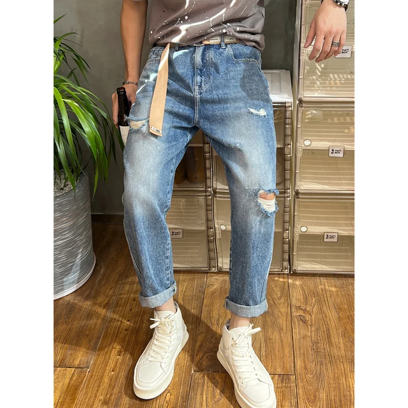 Men's Wear 2022 Autumn and Winter New Versatile Falling Feeling Straight Nine Points Pencil Pants Loose Recreational Jeans Women