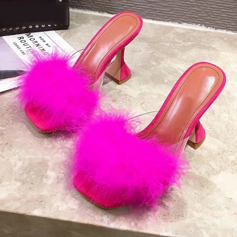 

Woman's Summer New Mules Slippers Feather PVC Transparent High Heels Fur Sandals Peep Toe Spike Heel Ladies Slides Shoes Fashion