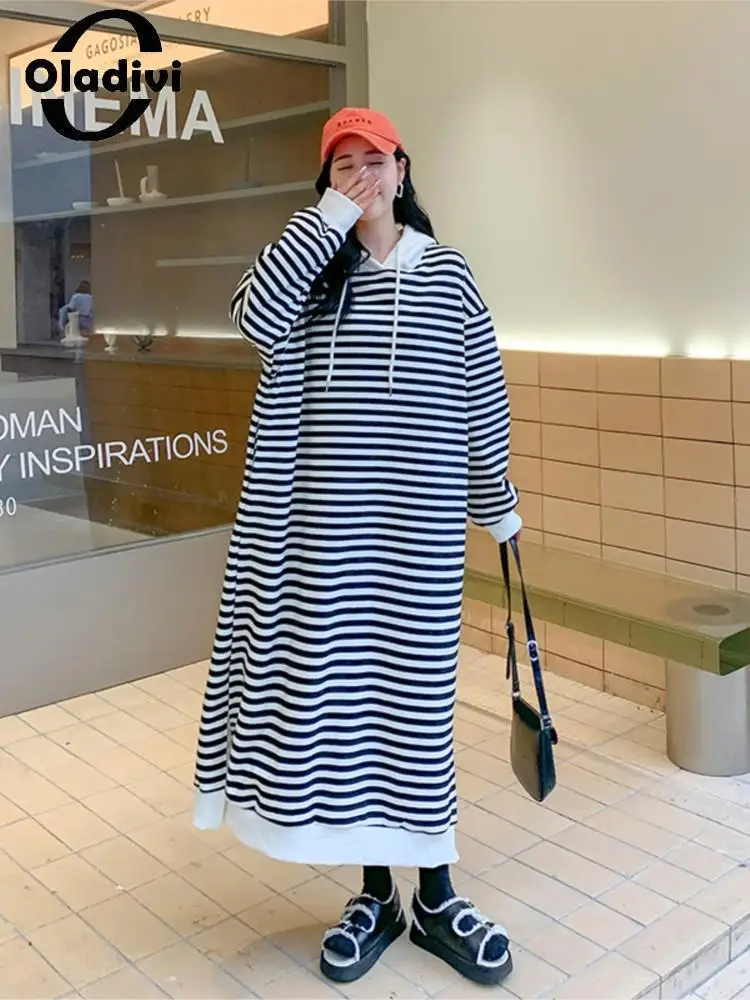 

Oladivi Big Size Women Fashion Striped Casual Loose Velvet Hooded Dress 2022 Autumn Winter New Oversized Sweatshirt Dresses 1335