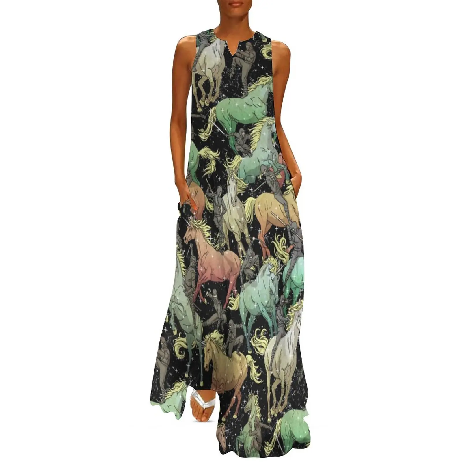 

Colorful Horse Dress Ninjas Riding Unicorns Vintage Maxi Dress Aesthetic Bohemia Long Dresses Woman Pattern Oversized Clothing