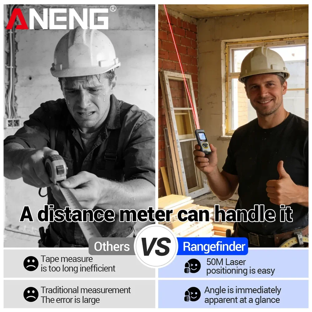 Фото Мини-лазерный дальномер ANENG 30м/50м, перезаряжаемый через USB, с высокой точностью ±2 мм, ручной измерительный инструмент. №5