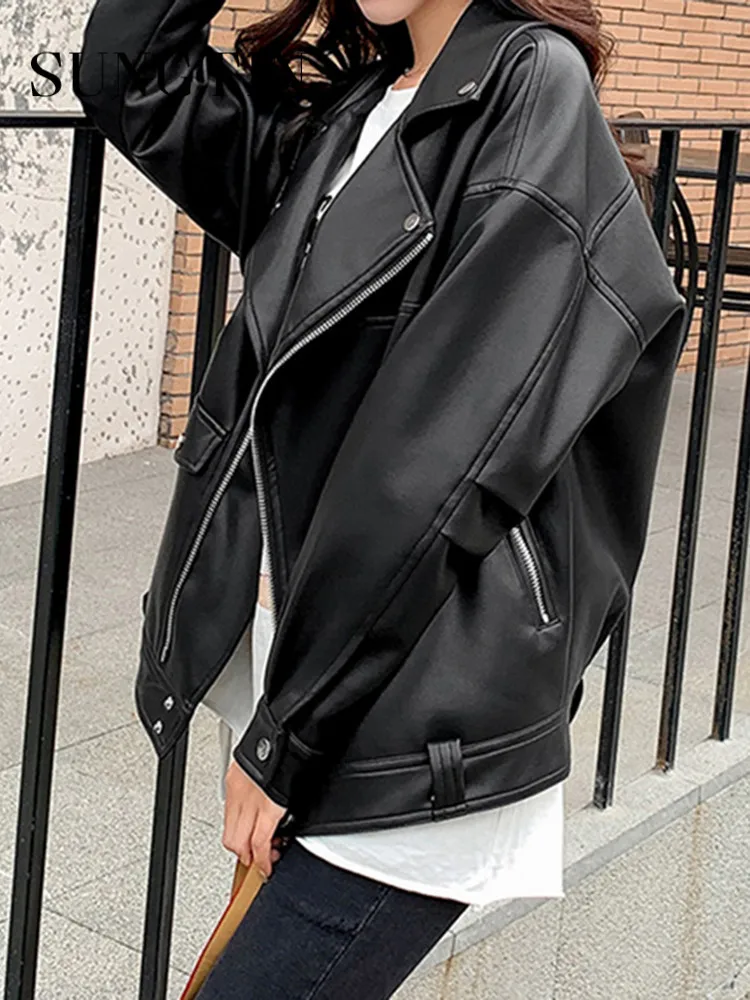 Sungtin Faux Leather Jacket Women Casual PU Loose Motorcycle Jackets Female Streetwear Oversized Coat Korean Chic New Spring