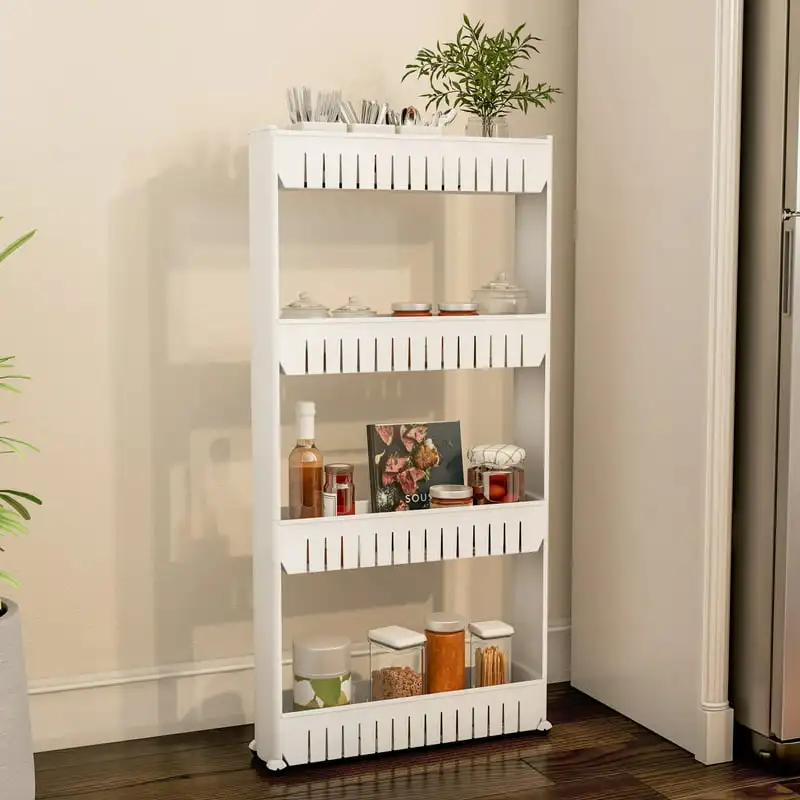 

Plastic Shelving Unit Organizer, 4 Storage Baskets, Slim Slide Out Pantry