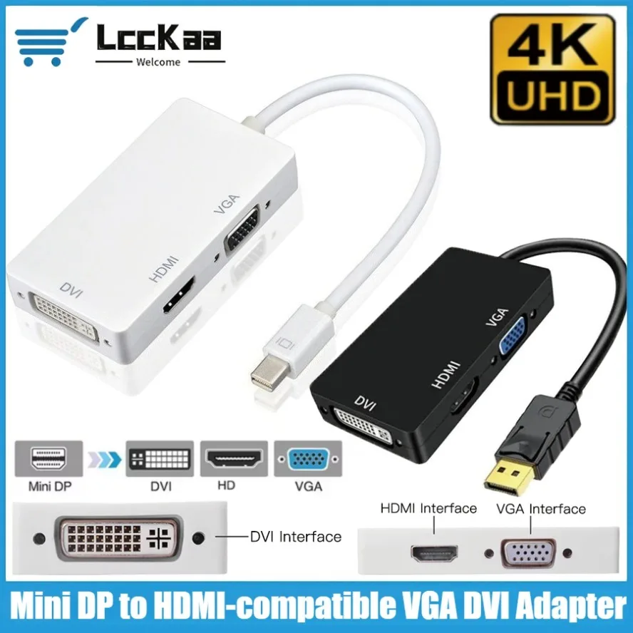 Фото Кабель-адаптер Mini DisplayPort to HDMI 4K VGA DVI 3-в-1 1080P Thunderbolt Mini DP to VGA HDMI DVI Converter для Macs Laptop PC №1