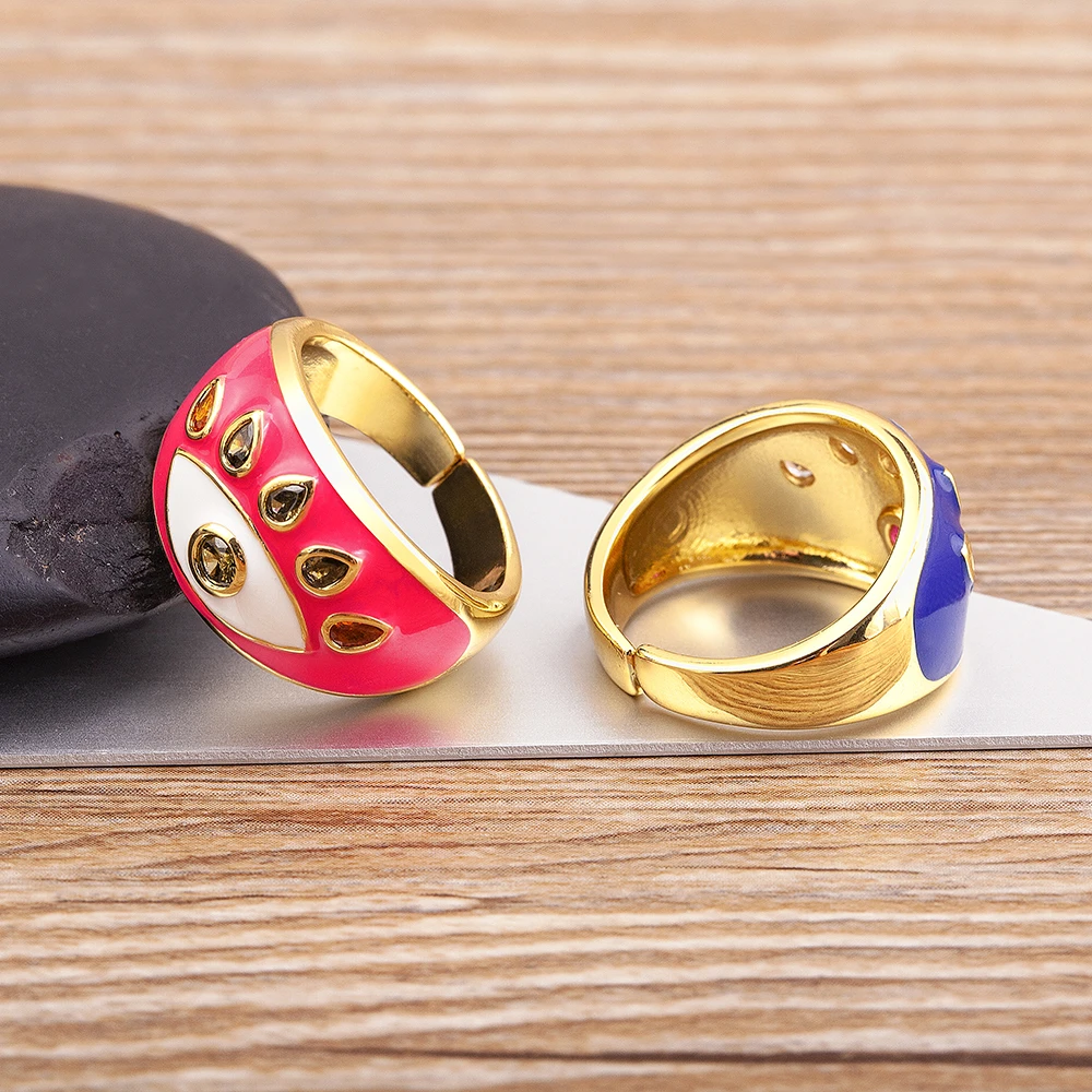 

Nidin Trendy Handmade Enamel Multi-Colors Devil's Eye Oil Dripping Finger Ring Gold Plated Couples Wedding Jewelry Adjustable