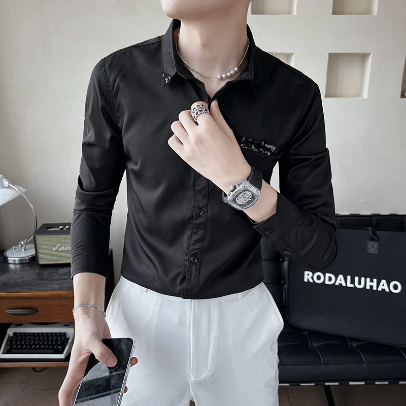 2022 Autumn Sequin Decoration Men's Shirts Long Sleeve Slim Casual Shirt Social Party Tuxedo Blouse Nightclub Streetwear S-5XL