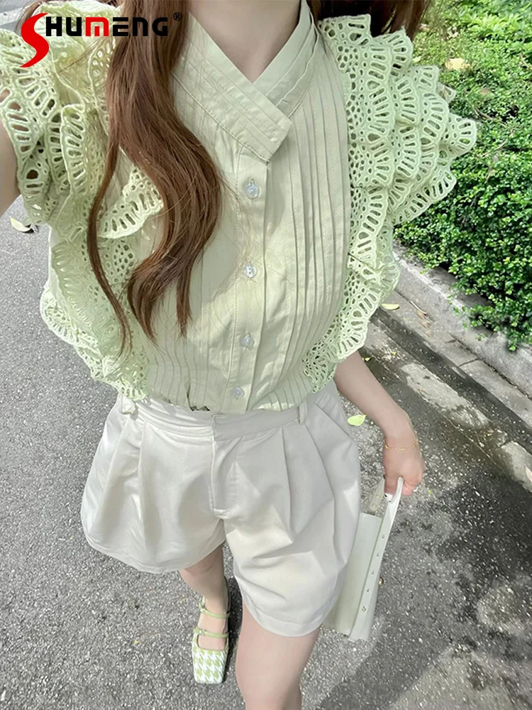 

Ladies New Fashion Sweet Lace Stitching Flying Sleeve Shirt Women 2022 Summer Simple High-Grade Hot Girl High Street Blouses Top