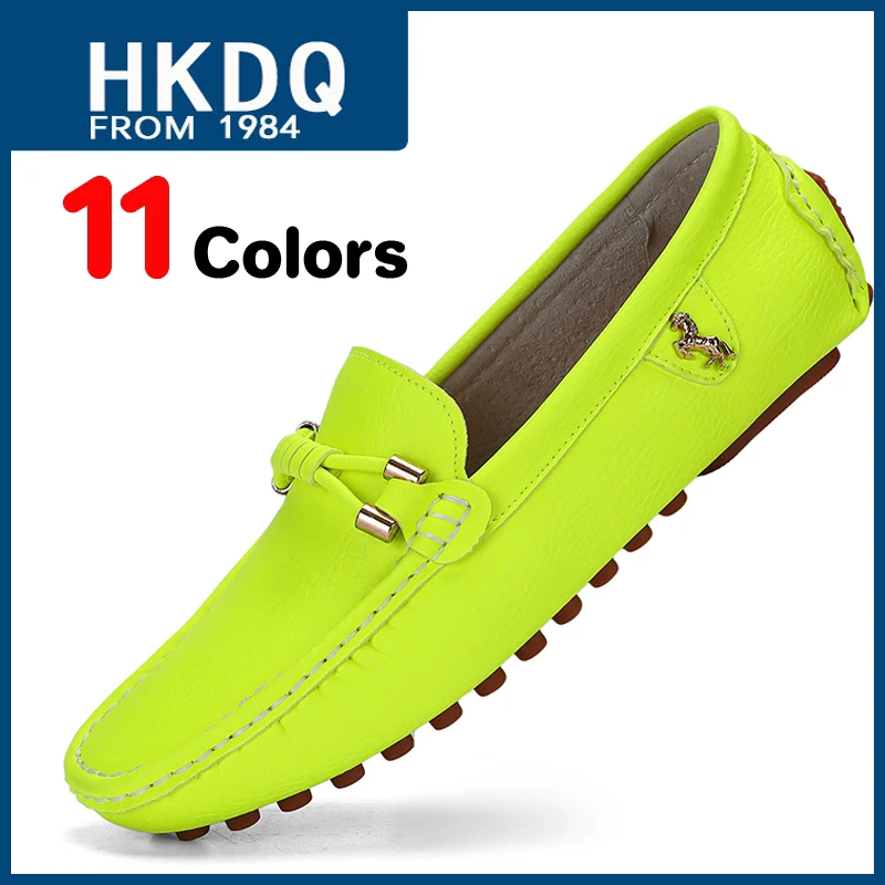 

HKDQ Fashion Candy Colors Men's Leather Loafers Soft Comfy Casual Flat Shoes Man Breathable Moccasins Slip-on Driving Shoes Men