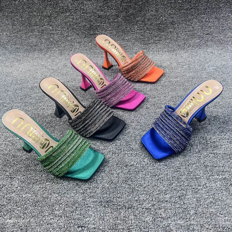 

Summer New Rhinestone Slippers for Women Sexy Stiletto High Heel Peep Toe Plus Size Square Toe Sandals Slides Zapatillas Mujer