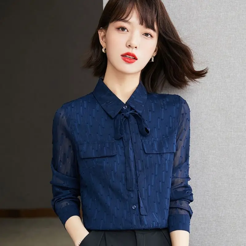 POLO Shirt Women's Spring and Autumn New Fashion Long Sleeve Bow Top Professional Chiffon Bottoming Blouse