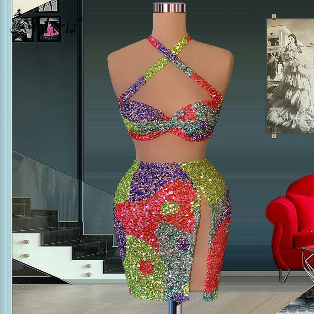 

Glitter Two Piece Cocktail Dresses Colorful Sequins Short Prom Dress Sexy Beach Party Robs Club Birthday Vestidos De Cocktail