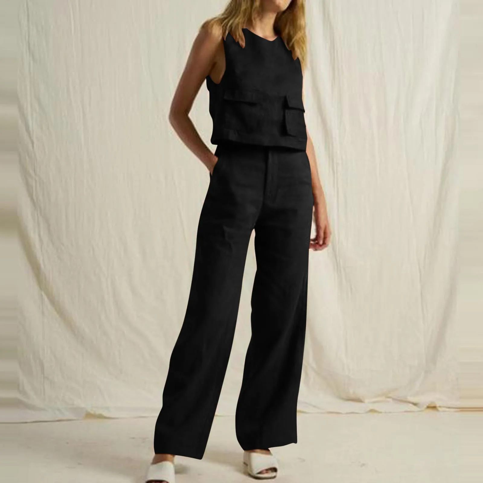 Summer Loose O-Neck Top Wide Leg Pants Two Piece New Elegant Pullover Pants Summer Suit Women Harajuku Style Cotton Linen Suit 4 Summer Loose O-Neck Top Wide Leg Pants Two Piece New Elegant Pullover Pants Summer Suit Women Harajuku Style Cotton Linen Suit 4