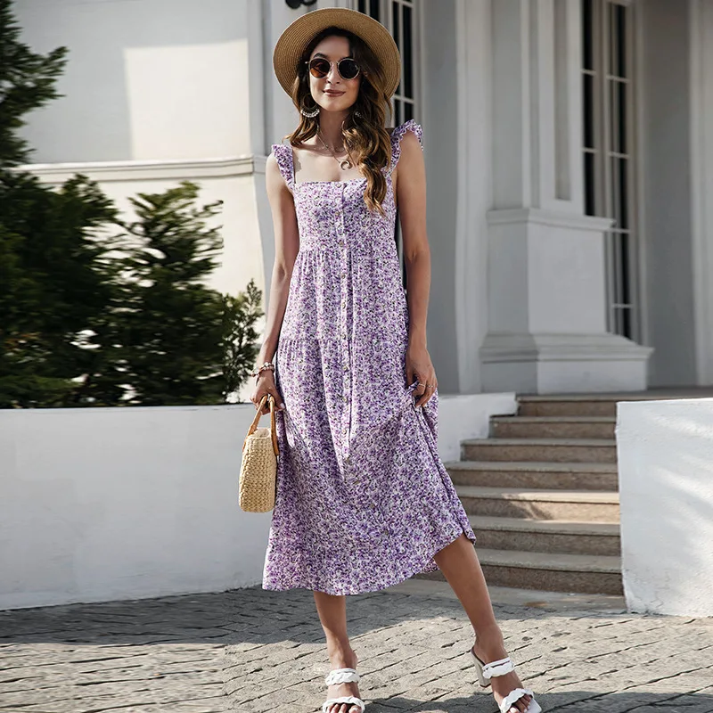 

Женское длинное платье на бретелях, Элегантное повседневное однобортное Платье с принтом, лето 2019