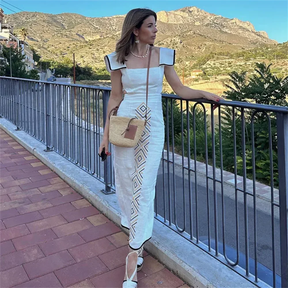 Damski Modny Nadruk Kwadratowy Maxi Dress Повседневный стиль Slim Fit Летнее платье из полиэстера для