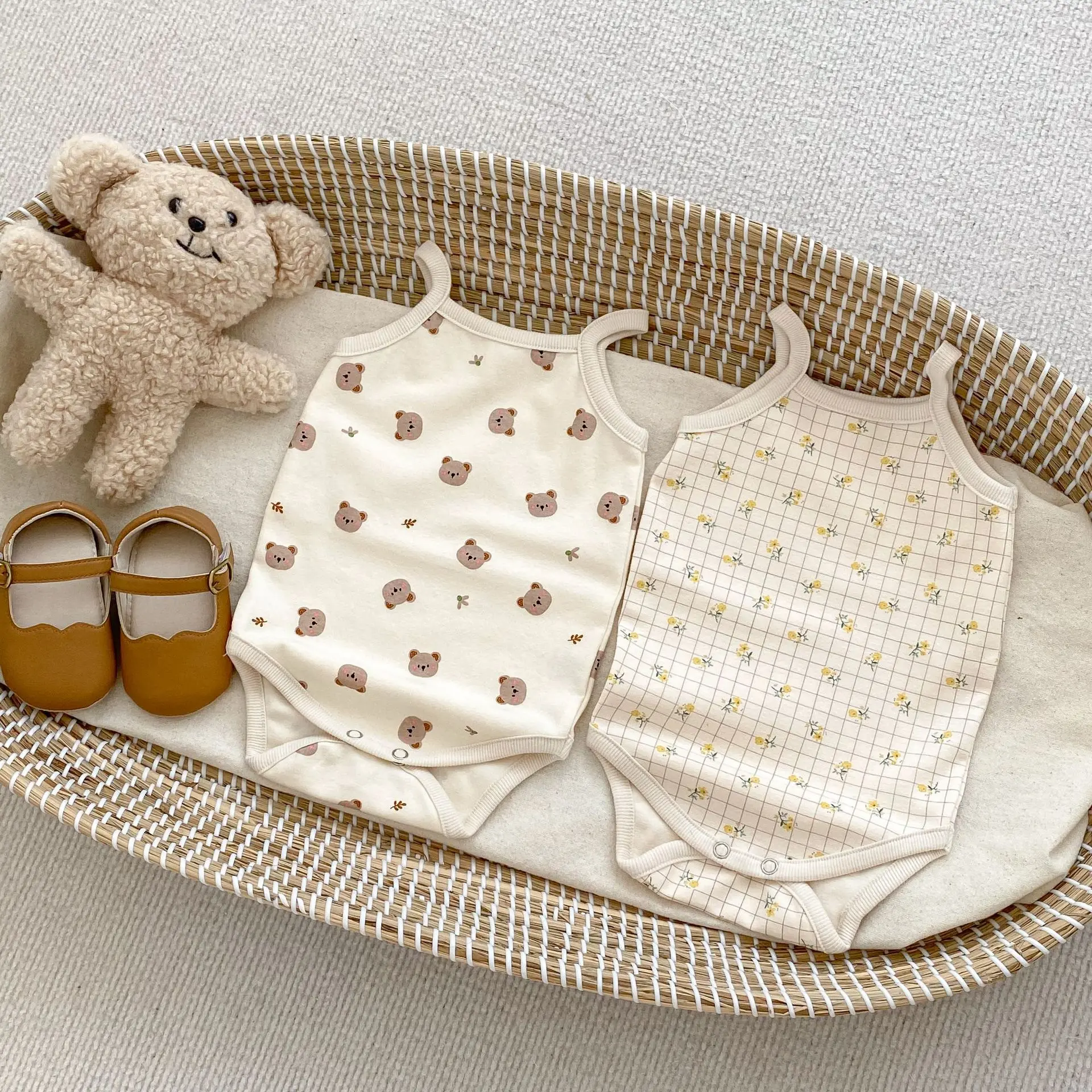 

2023 Summer New Baby Sleeveless Sling Bodysuit Newborn Toddler Cute Bear Print Jumpsuit Infant Vest Clothes 0-24M