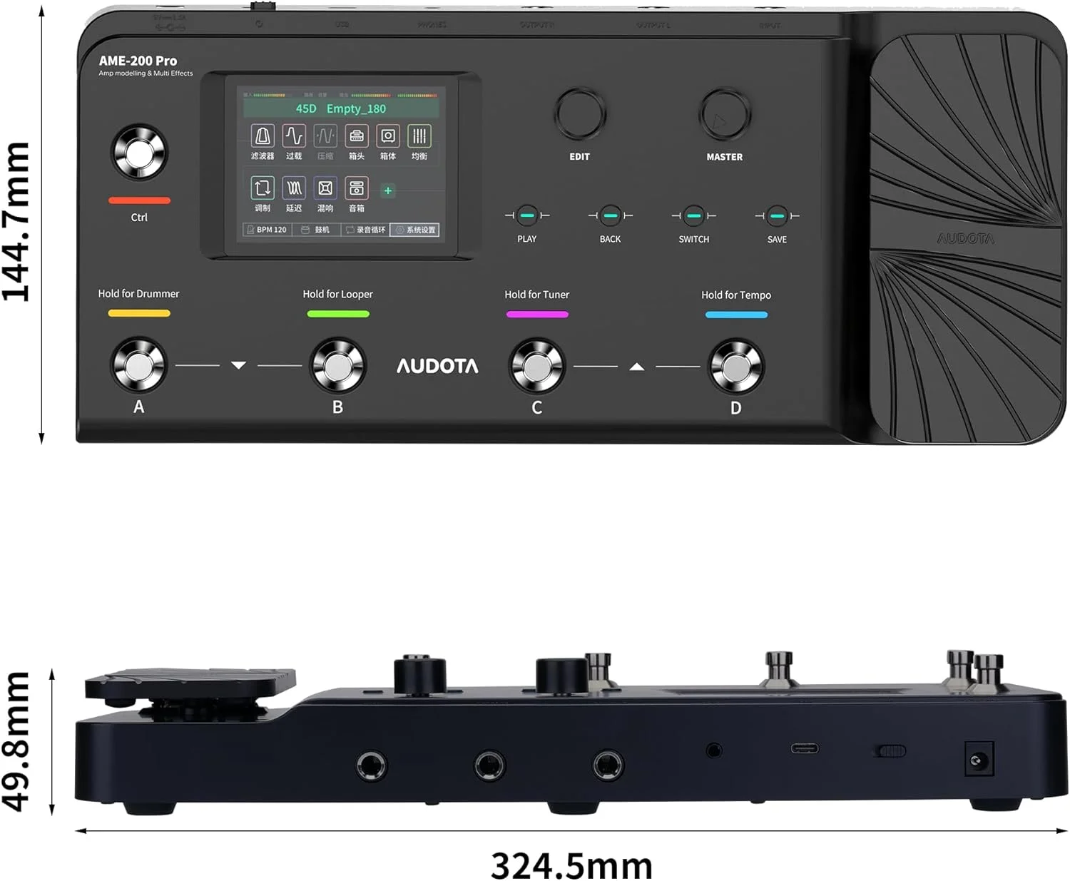 Гитарная педаль мультиэффектов AUDOTA AME-200 Pro, 10 модулей, 200 пресетов, тюнер, 50 драм-паттернов, лупер, USB OTG, выход для наушников (art.: 3920daf04083c) - 3920daf04083c