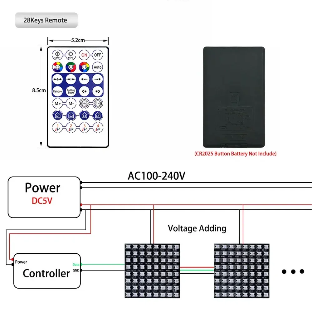 Светодиодный комплект 5В WS2812 с USB, Bluetooth, музыкальным управлением, 28-клавишным контроллером, индивидуально адресуемый, матричный экран 8X8, 4X12, 16X16, 8X32 (art.: 3920d474afecf) - 3920d474afecf