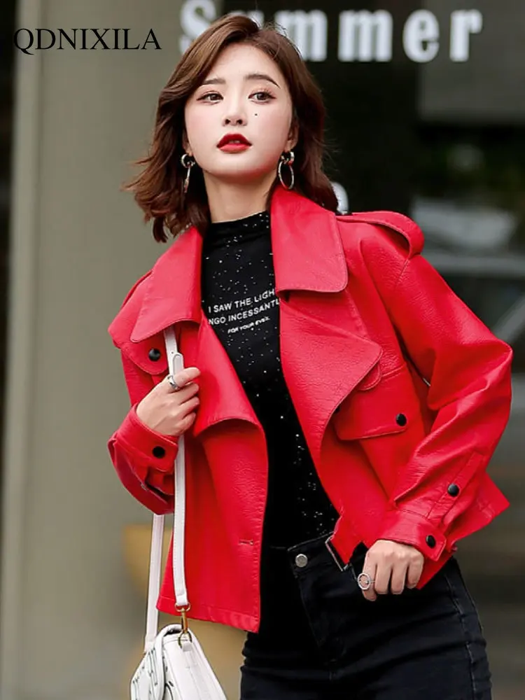 Jackets for Women 2023 Korean Fashion Women's Leather Jacket  Loose Short Motorcycle Imitation Sheepskin Leather Jacket Women