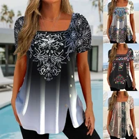 2022 summer new womens ethnic style button slit short sleeved top