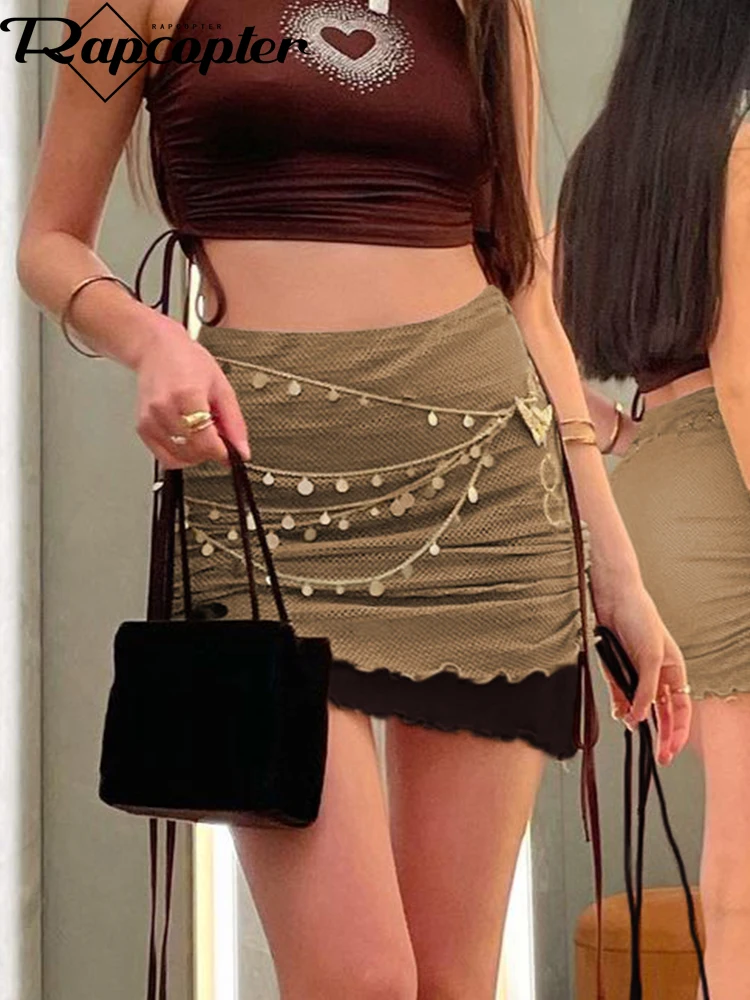 

Rapcopter y2k Khaki Mini Skirts Ruched Drawstring Slim High Waisted Pencil Skirts Women Retro Basic Cute Streetwear Summer 90s